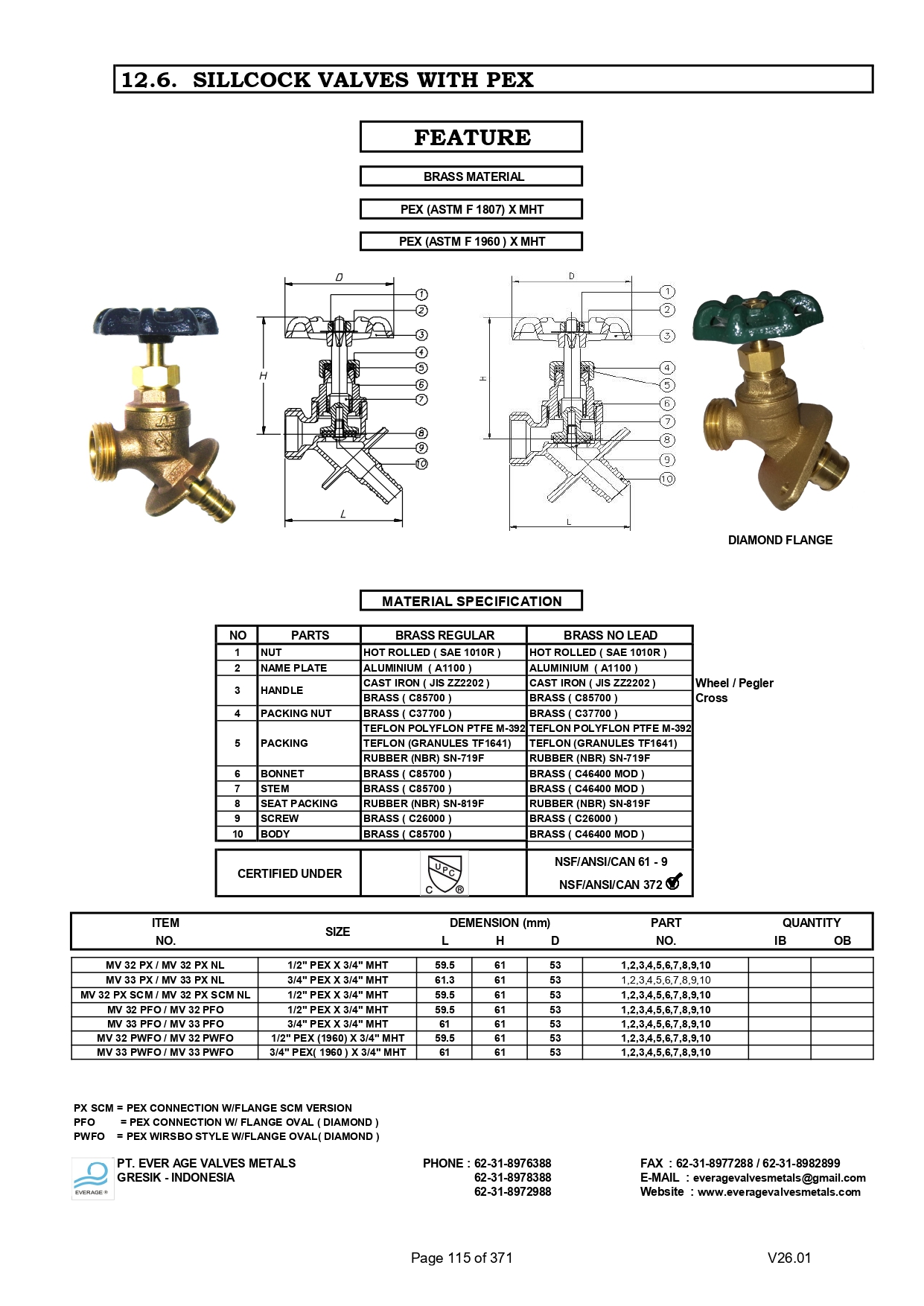 SILLCOCK VALVES WITH PEX - MV 32 PX - MV 33 PFO &PWFO  MV 32 PWFOVB  MV 33 PWVOVB